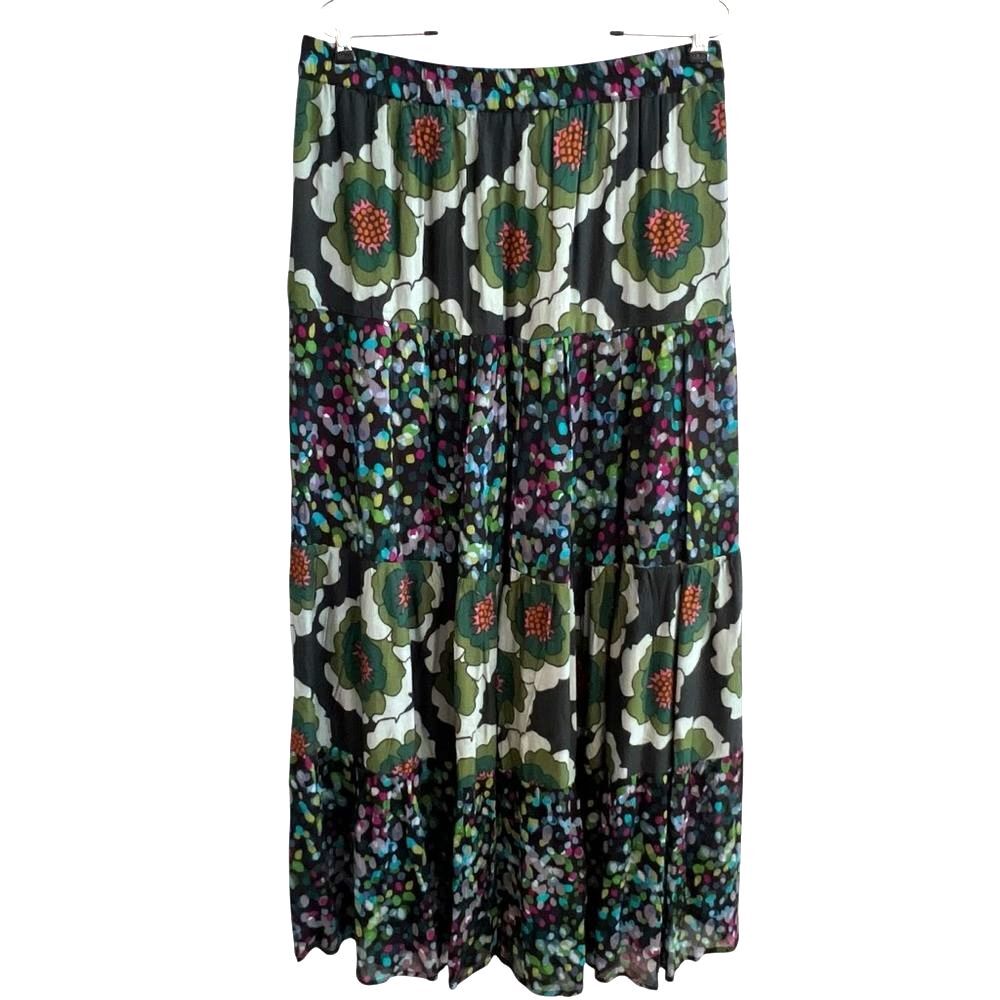 Anthropologie Womens Floral Peasant Maxi Skirt Size L Tiered Boho Hippie Flowy